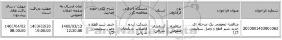 مناقصه عمومی یک مرحله ای خرید شیر قطع و وصل سوئیچی 1/2