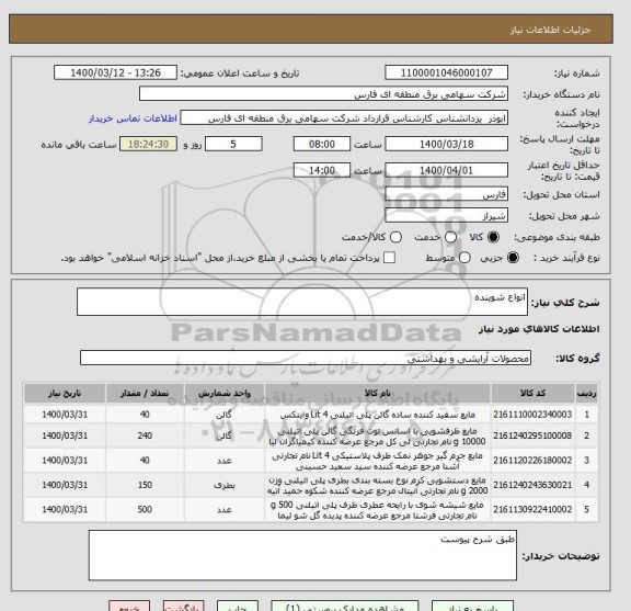 استعلام انواع شوینده