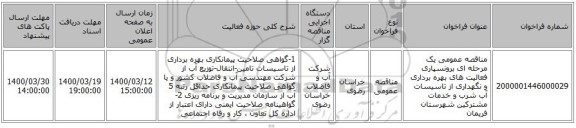 مناقصه عمومی یک مرحله ای برونسپاری فعالیت های بهره برداری و نگهداری از تاسیسات آب شرب و خدمات مشترکین شهرستان فریمان