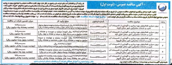 مناقصه , مناقصه برون سپاری فعالیهای بهره برداری و نگهداری از تاسیسات آب شرب و خدمات مشترکین 