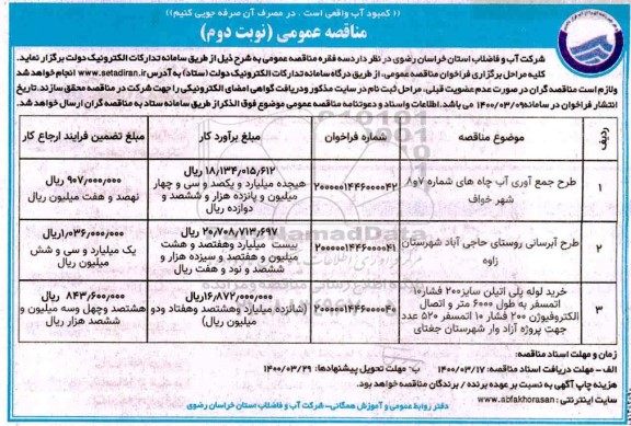مناقصه طرح جمع آوری آب چاه نوبت دوم 