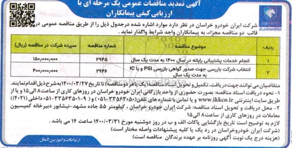 تمدید مناقصات، تمدید مناقصات انجام خدمات پشتیبانی رایانه ... 
