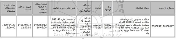 مناقصه عمومی یک مرحله ای مناقصه شماره 998140 (انجام عملیات بازسازی و تعمیر تعداد 40 عدد توپی مربوط به Ball valve و تعداد 35 عدد Core مربوط به اربیت ول