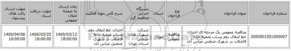 مناقصه عمومی یک مرحله ای احداث خط انتقال دوم پساب تصفیه خانه فاضلاب در شهرک صنعتی عباس آباد