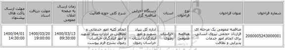 مناقصه عمومی یک مرحله ای قرارداد حجمی نیروی انسانی برای انجام امور خدمات پذیرایی و نظافت
