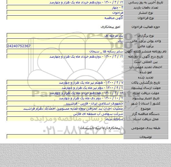 عملیات احداث بند انحرافی پروژه تغذیه مصنوعی احمدآباد دهرم فراشبند