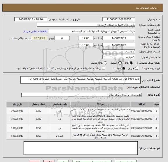 استعلام خرید 5000 هزار تن مصالح (ماسه شسته ،ماسه شکسته ،ماسه بیس،شن)جهت شهرداری کامیاران