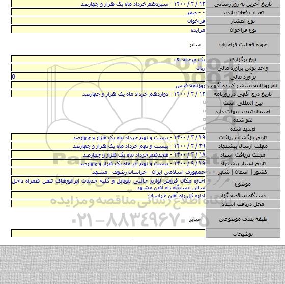 اجاره مکان فروش لوازم جانبی موبایل و کلیه خدمات اپراتورهای تلفن همراه داخل سالن ایستگاه راه آهن مشهد