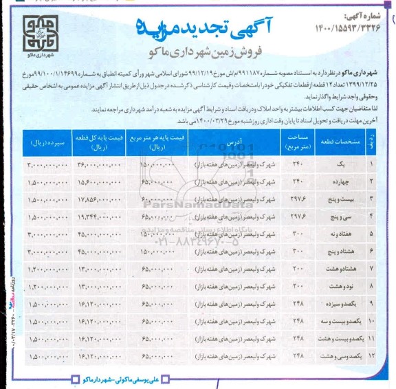  مزایده ،مزایده فروش 12 قطعه از قطعات تفکیکی خود 
