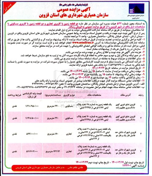 مزایده فروش دو قطعه زمین با کاربری تجاری و دو قطعه زمین با کاربری مسکونی نوبت اول