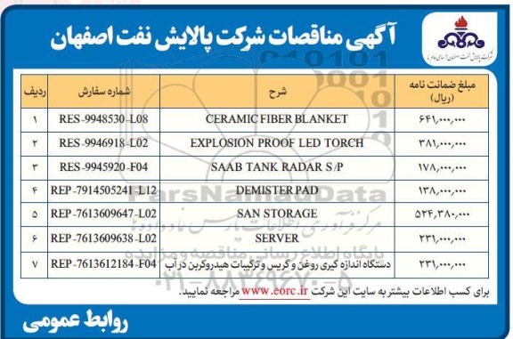 مناقصه CERAMIC FIBER BLANKET....