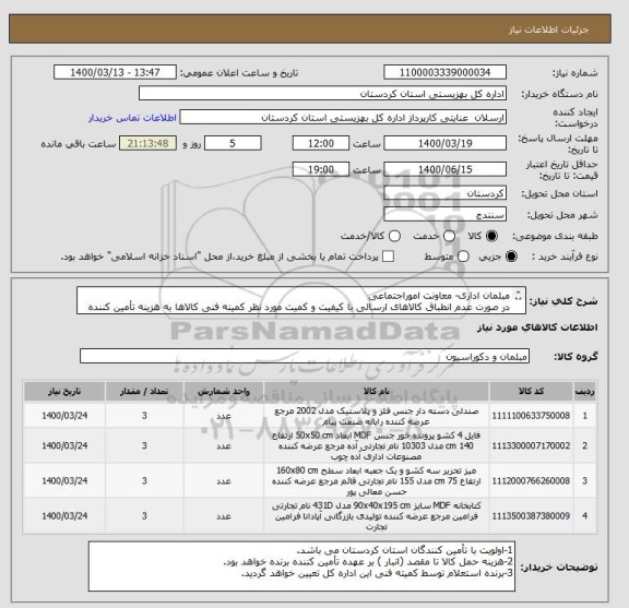 استعلام مبلمان اداری- معاونت اموراجتماعی
در صورت عدم انطباق کالاهای ارسالی با کیفیت و کمیت مورد نظر کمیته فنی کالاها به هزینه تأمین کننده عودت داده خواهد شد.
