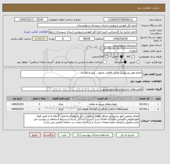 استعلام انجام امور پشتیبانی مراکز رفاهی چابهار ، زابل و زاهدان 