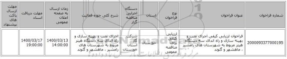 فراخوان ارزیابی کیفی اجرای نصب و بهینه سازی و راه اندای سه دستگاه هیتر مربوط به شهرستان های رامشیر ، ماهشهر و گتوند