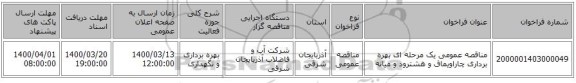 مناقصه عمومی یک مرحله ای بهره برداری چاراویماق و هشترود و میانه