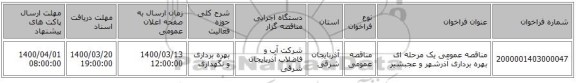 مناقصه عمومی یک مرحله ای بهره برداری آذرشهر و عجبشیر