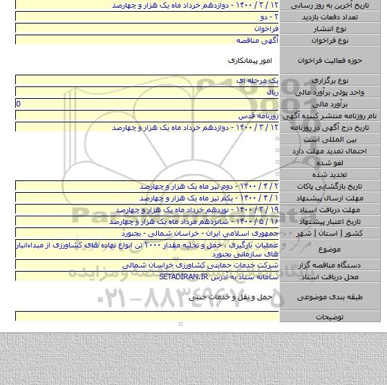 عملیات بارگیری ، حمل و تخلیه مقدار ۲۰۰۰ تن انواع نهاده های کشاورزی از مبداءانبار های سازمانی بجنورد