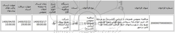 مناقصه عمومی همزمان با ارزیابی (فشرده) دو مرحله ای خرید انواع پایه سیمانی چهارگوش جهت مدیریت توزیع برق شهرستانهای خنج، گراش، لارستان، اوز، لامرد و مهر