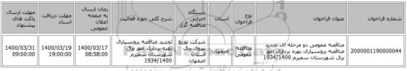 مناقصه عمومی دو مرحله ای تجدید مناقصه برونسپاری بهره  برداری امور برق شهرستان سمیرم 1934/1400