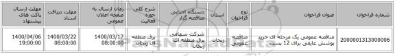 مناقصه عمومی یک مرحله ای خرید پوشش عایقی برای 12 پست