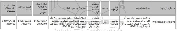 مناقصه عمومی یک مرحله ای اجرای عملیات جامع بازرسی و کنترل و نصب لوازم اندازه گیری 121-00