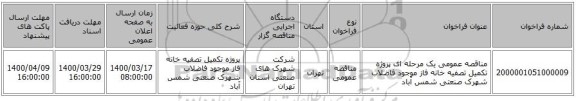 مناقصه عمومی یک مرحله ای پروژه تکمیل تصفیه خانه فاز موجود فاضلاب شهرک صنعتی شمس آباد 