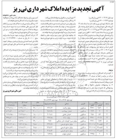 مزایده مزایده فروش املاک کاربری مسکونی نوبت اول