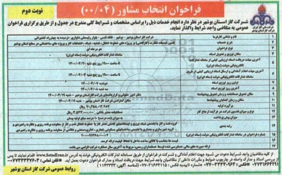 فراخوان انتخاب مشاور تامین خدمات نظارت (کارگاهی)... نوبت دوم 