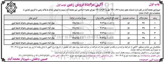 مزایده ،مزایده فروش تعداد 5 پلاک زمین با کاربری تجاری چاپ اول نوبت اول