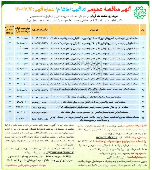 مناقصه نگهداری اقلام ، علائم و تجهیزات ترافیکی