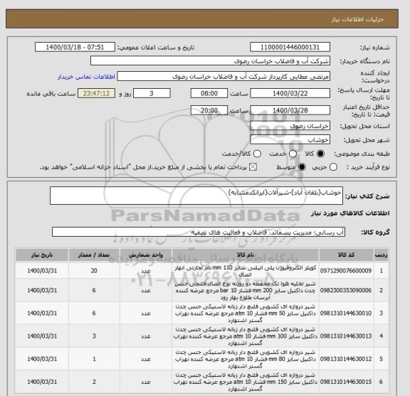 استعلام خوشاب(بلقان آباد)-شیرآلات(ایرانکدمشابه)