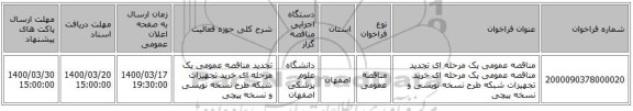 مناقصه عمومی یک مرحله ای تجدید مناقصه عمومی یک مرحله ای خرید تجهیزات شبکه طرح نسخه نویسی و نسخه پیچی