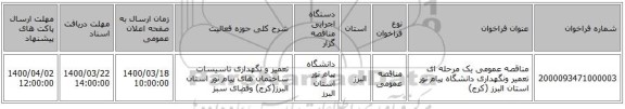 مناقصه عمومی یک مرحله ای تعمیر ونگهداری دانشگاه پیام نور استان البرز (کرج)