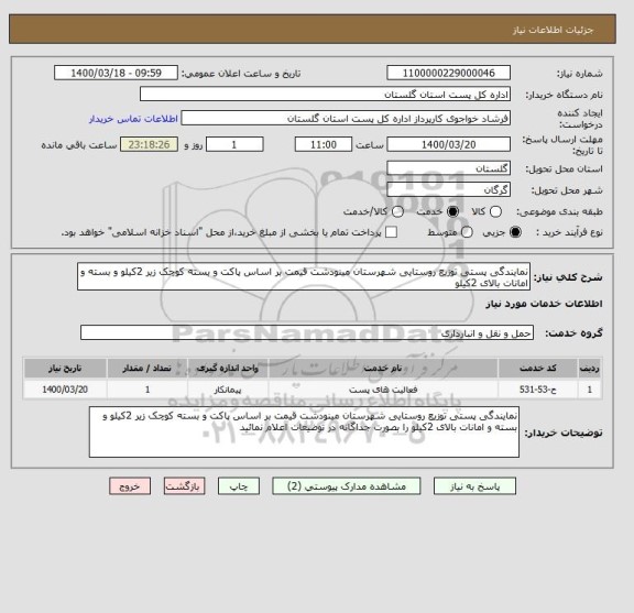 استعلام نمایندگی پستی توزیع روستایی شهرستان مینودشت قیمت بر اساس پاکت و بسته کوچک زیر 2کیلو و بسته و امانات بالای 2کیلو 