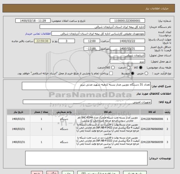 استعلام تعداد 31 دستگاه دوربین مدار بسته شعبه شهید مدنی تبریز