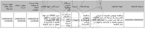 مناقصه عمومی همزمان با ارزیابی (فشرده) یک مرحله ای خرید 10500 متر لوله پلی اتیلنی به اقطار 63تا 250 میلیمتر همراه با باراندازی و تحویل در انبار کارفرما 