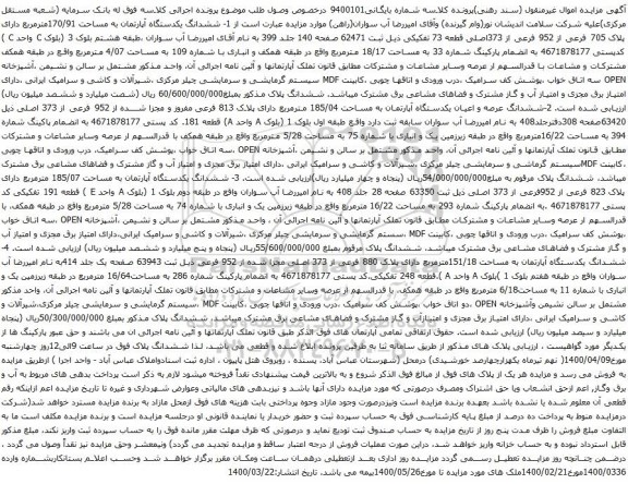 آگهی مزایده ششدانگ یکدستگاه آپارتمان به مساحت 170/91مترمربع