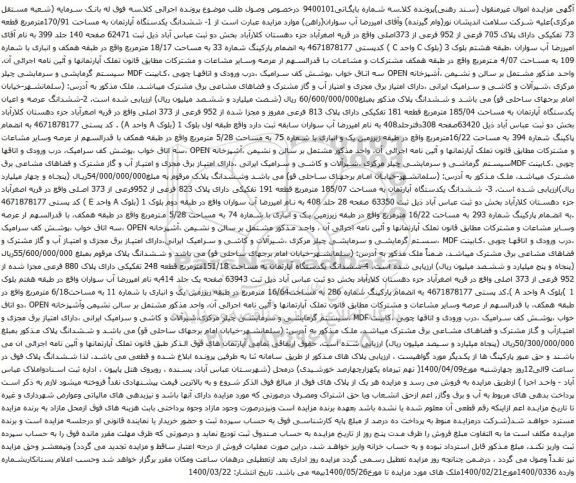 آگهی مزایده ششدانگ یکدستگاه آپارتمان به مساحت 170/91مترمربع