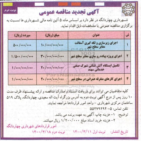 تجدید مناقصه اجرای زیرسازی و لکه گیری آسفالت معابر سطح شهر... نوبت دوم