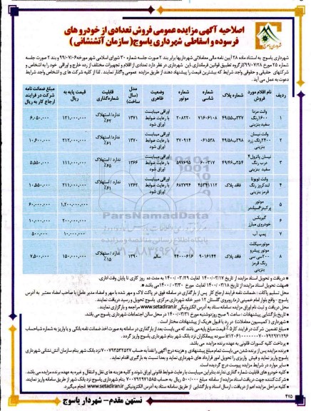 اصلاحیه مزایده عمومی فروش تعدادی از خودروهای فرسوده و اسقاطی