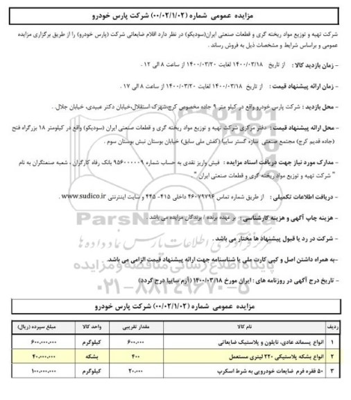 مزایده،مزایده اقلام ضایعاتی شرکت (پارس خودرو)