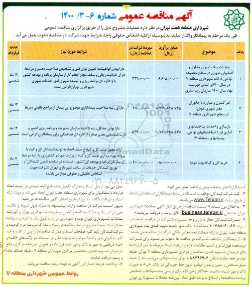 مناقصه عملیات رنگ آمیزی جداول و المانهای شهری ...