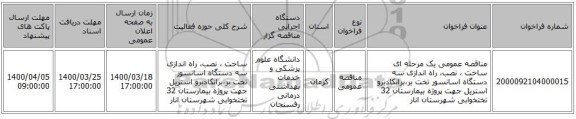 مناقصه عمومی یک مرحله ای ساخت ، نصب، راه اندازی سه دستگاه اسانسور تخت بر،برانکادبرو استریل جهت پروژه بیمارستان 32 تختخوابی شهرستان انار