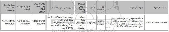 مناقصه عمومی دو مرحله ای تجدید مناقصه واگذاری کلان پروژه های اجرایی شهرستان های آران و بیدگل - نطنز - اردستان  1938/1400