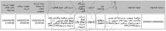 مناقصه عمومی دو مرحله ای تجدید واگذاری کلان پروژه های اجرایی شهرستانهای شاهین شهر و میمه و برخوار1941/1400