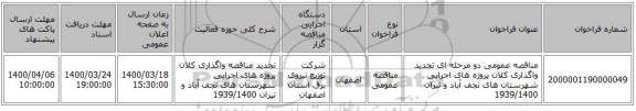 مناقصه عمومی دو مرحله ای تجدید واگذاری کلان پروژه های اجرایی شهرستان های نجف آباد و تیران 1939/1400