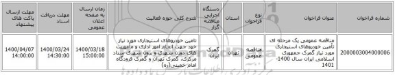 مناقصه عمومی یک مرحله ای تأمین خودروهای استیجاری مورد نیاز گمرک جمهوری اسلامی ایران سال 1400-1401
