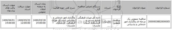 مناقصه عمومی یک مرحله ای واگذاری امور خدماتی و پشتیانی