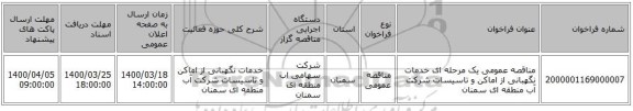 مناقصه عمومی یک مرحله ای خدمات نگهبانی از اماکن و تاسیسات شرکت آب منطقه ای سمنان