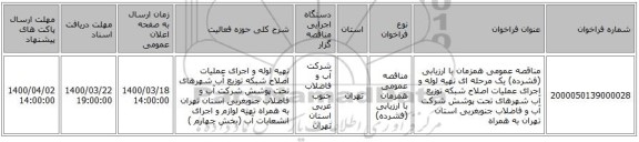 مناقصه عمومی همزمان با ارزیابی (فشرده) یک مرحله ای تهیه لوله و اجرای عملیات اصلاح شبکه توزیع آب شهرهای تحت پوشش شرکت آب و فاضلاب جنوبغربی استان تهران به همراه